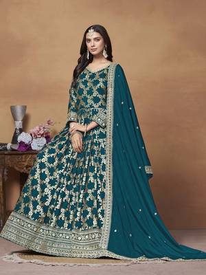 Teal blue dola jacquard jacquard woven with thread embroidery work salwar kameez 4