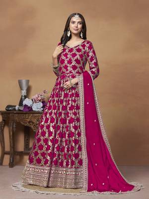 Rani pink dola jacquard jacquard woven with thread embroidery work salwar kameez 1