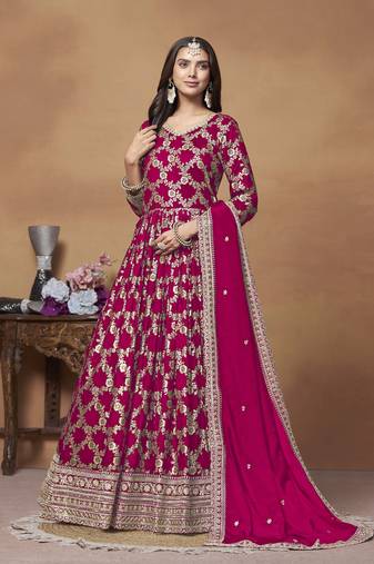 Rani pink dola jacquard jacquard woven with thread embroidery work salwar kameez