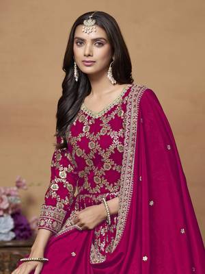 Rani pink dola jacquard jacquard woven with thread embroidery work salwar kameez 2