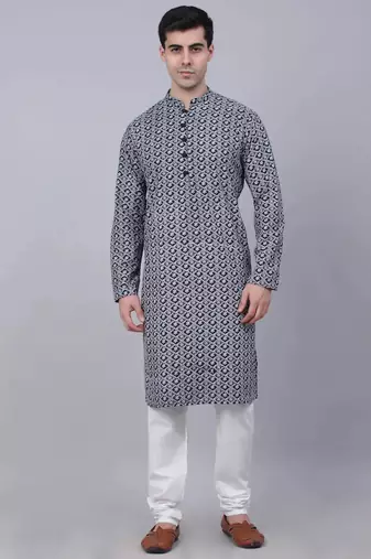 Men blue embroidered blended cotton kurta pajama