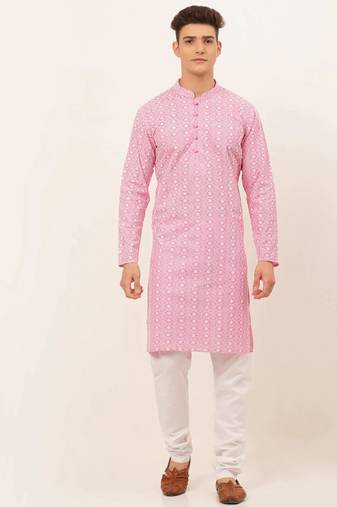 Men pink embroidered blended cotton kurta pajama