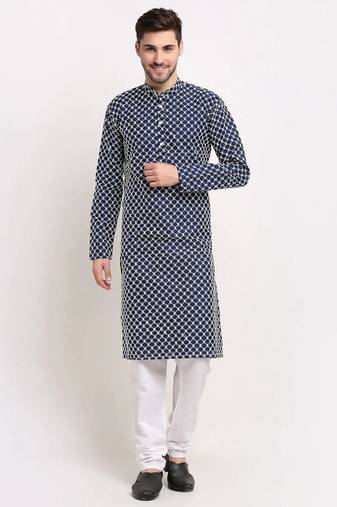 Men blue embroidered blended cotton kurta pajama