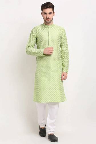 Men green embroidered blended cotton kurta pajama