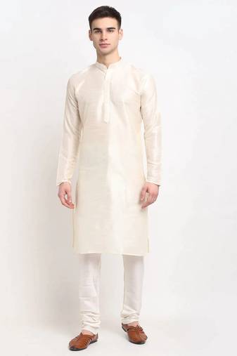 Men white solid blended cotton kurta pajama
