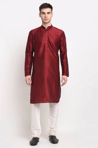 Men maroon solid blended cotton kurta pajama