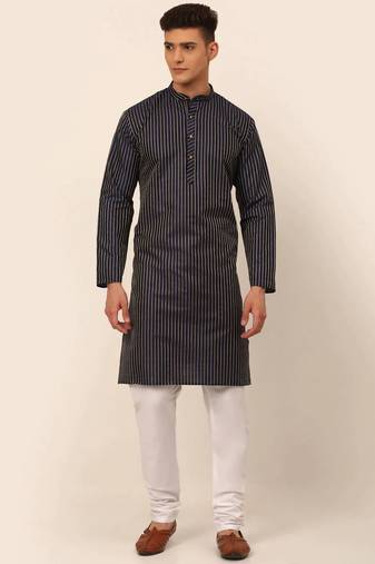 Men blue printed blended cotton kurta pajama