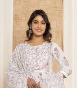  purple and white floral print piping anarkali style kurta and trousers with dupatta set