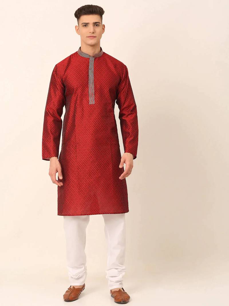 Men maroon embroidered silk blend kurta pajama