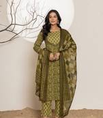  green leaf print cotton straight kurta and trouser with dupatta set