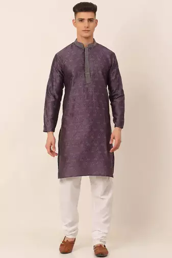 Men purple embroidered silk blend kurta pajama