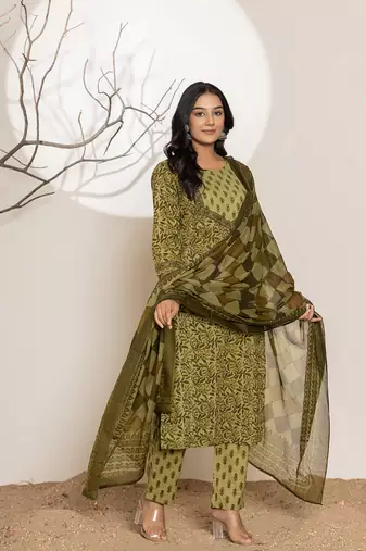  green leaf print cotton straight kurta and trouser with dupatta set