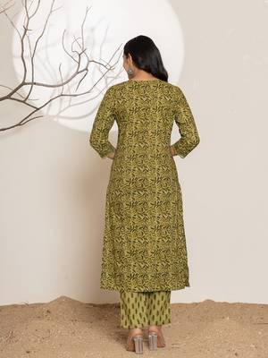  green leaf print cotton straight kurta and trouser with dupatta set 3