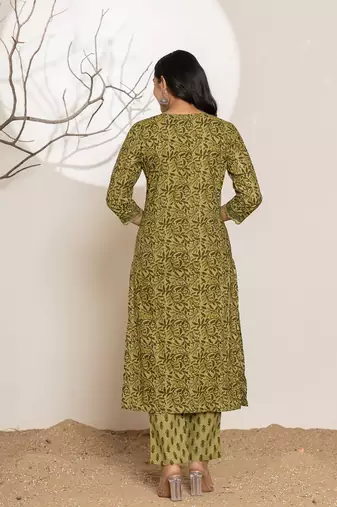  green leaf print cotton straight kurta and trouser with dupatta set