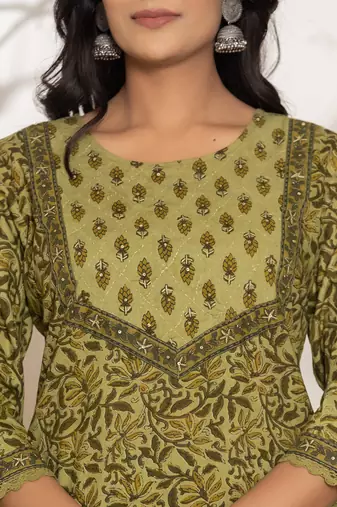  green leaf print cotton straight kurta and trouser with dupatta set