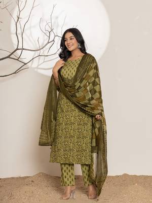  green leaf print cotton straight kurta and trouser with dupatta set 5