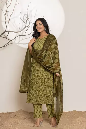  green leaf print cotton straight kurta and trouser with dupatta set