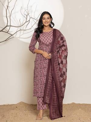  purple leaf print cotton straight kurta and trouser with dupatta set 1