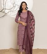  purple leaf print cotton straight kurta and trouser with dupatta set