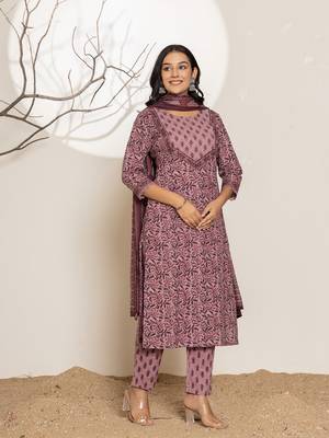  purple leaf print cotton straight kurta and trouser with dupatta set 2