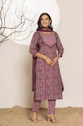  purple leaf print cotton straight kurta and trouser with dupatta set