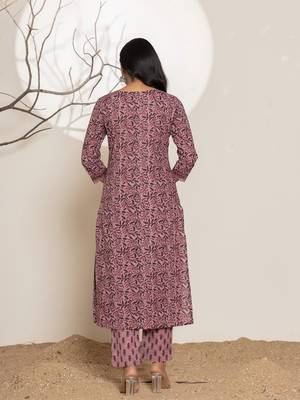  purple leaf print cotton straight kurta and trouser with dupatta set 3