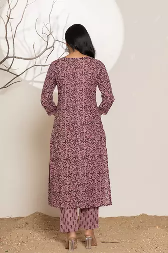  purple leaf print cotton straight kurta and trouser with dupatta set