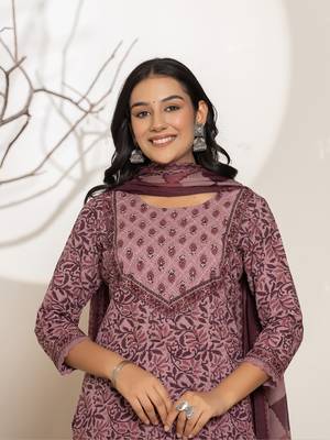  purple leaf print cotton straight kurta and trouser with dupatta set 4