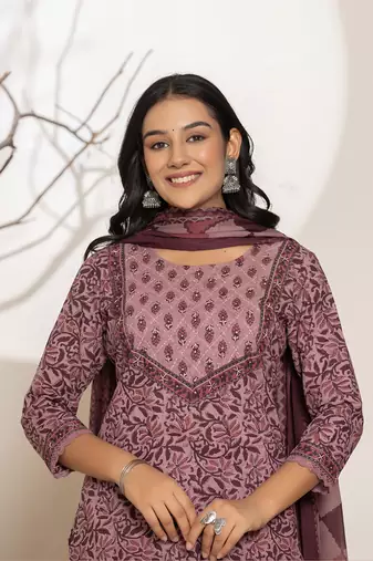  purple leaf print cotton straight kurta and trouser with dupatta set