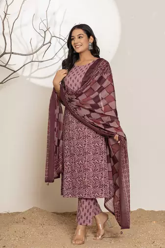  purple leaf print cotton straight kurta and trouser with dupatta set
