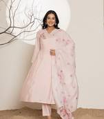  peach embroidery silk blend a-line kurta and trouser with dupatte set