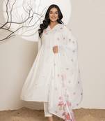  white embroidery silk blend a-line kurta and trouser with dupatta set