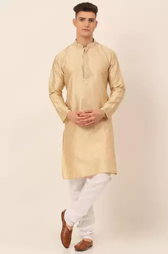 Men beige embroidered silk blend kurta pajama