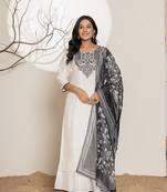  white embroidery cotton straight kurta and palazzo with dupatta set