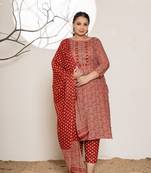  embroidered printed maroon cotton plus size kurta set with dupatta set
