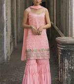 Faux georgette light pink color embroidery sequence work unstitched salwar & stitched sharara