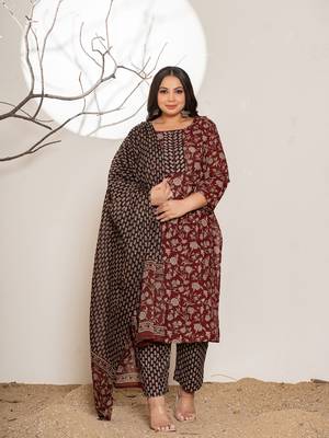  piping on yoke floral print maroon cotton plus size kurta set with dupatta set 1