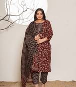  piping on yoke floral print maroon cotton plus size kurta set with dupatta set