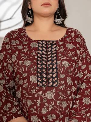  piping on yoke floral print maroon cotton plus size kurta set with dupatta set 4
