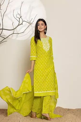  green ethnic motifs cotton straight kurta and trouser with dupatta set