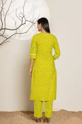  green ethnic motifs cotton straight kurta and trouser with dupatta set