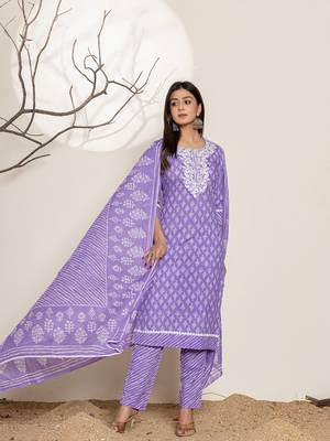 Yufta lavender ethnic motifs cotton straight kurta and trouser with dupatta set 1