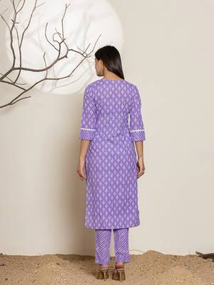 Yufta lavender ethnic motifs cotton straight kurta and trouser with dupatta set 3
