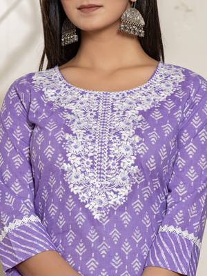 Yufta lavender ethnic motifs cotton straight kurta and trouser with dupatta set 4