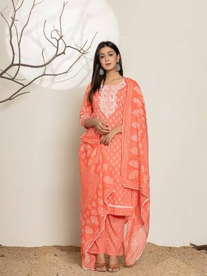  peach ethnic motifs cotton straight kurta and trouser with dupatta set 1