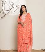  peach ethnic motifs cotton straight kurta and trouser with dupatta set