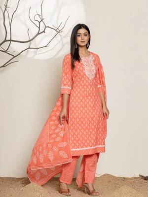  peach ethnic motifs cotton straight kurta and trouser with dupatta set 2