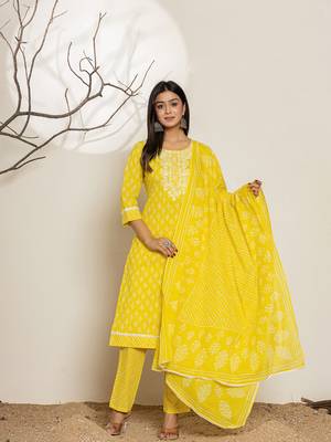 yellow ethnic motifs cotton straight kurta and trouser with dupatta set 1