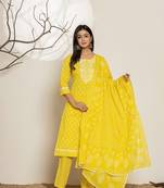  yellow ethnic motifs cotton straight kurta and trouser with dupatta set