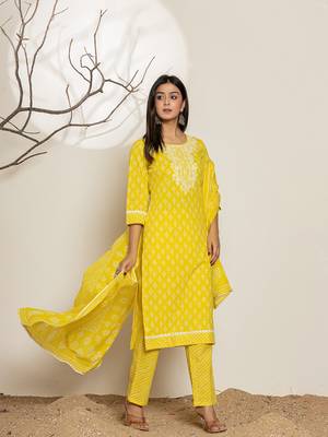  yellow ethnic motifs cotton straight kurta and trouser with dupatta set 2